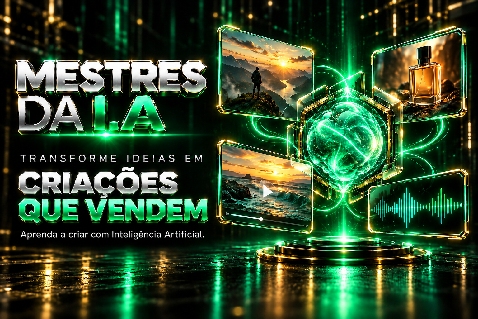 Mestres da I.A: transforme ideias em criações que vendem. Imagens, vídeos e áudio em uma arte verde neon e dourada.