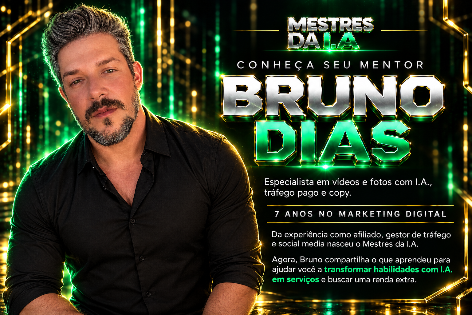 Bruno Dias, especialista em vídeos e fotos com I.A., tráfego pago e copy. Sete anos no marketing digital.